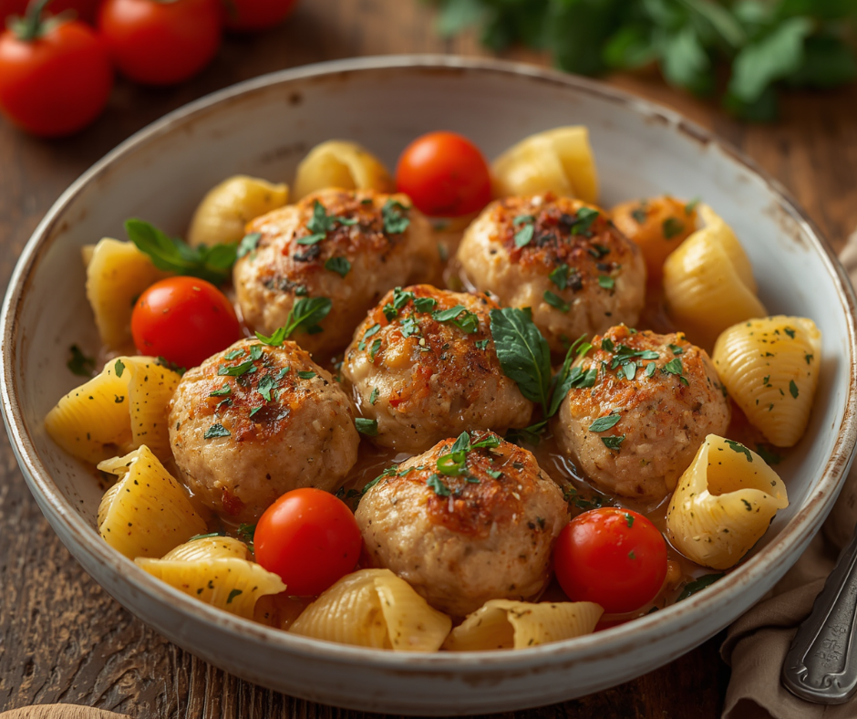 Boulettes de poulet, coquillettes crémeuses au citron et tomates cerises