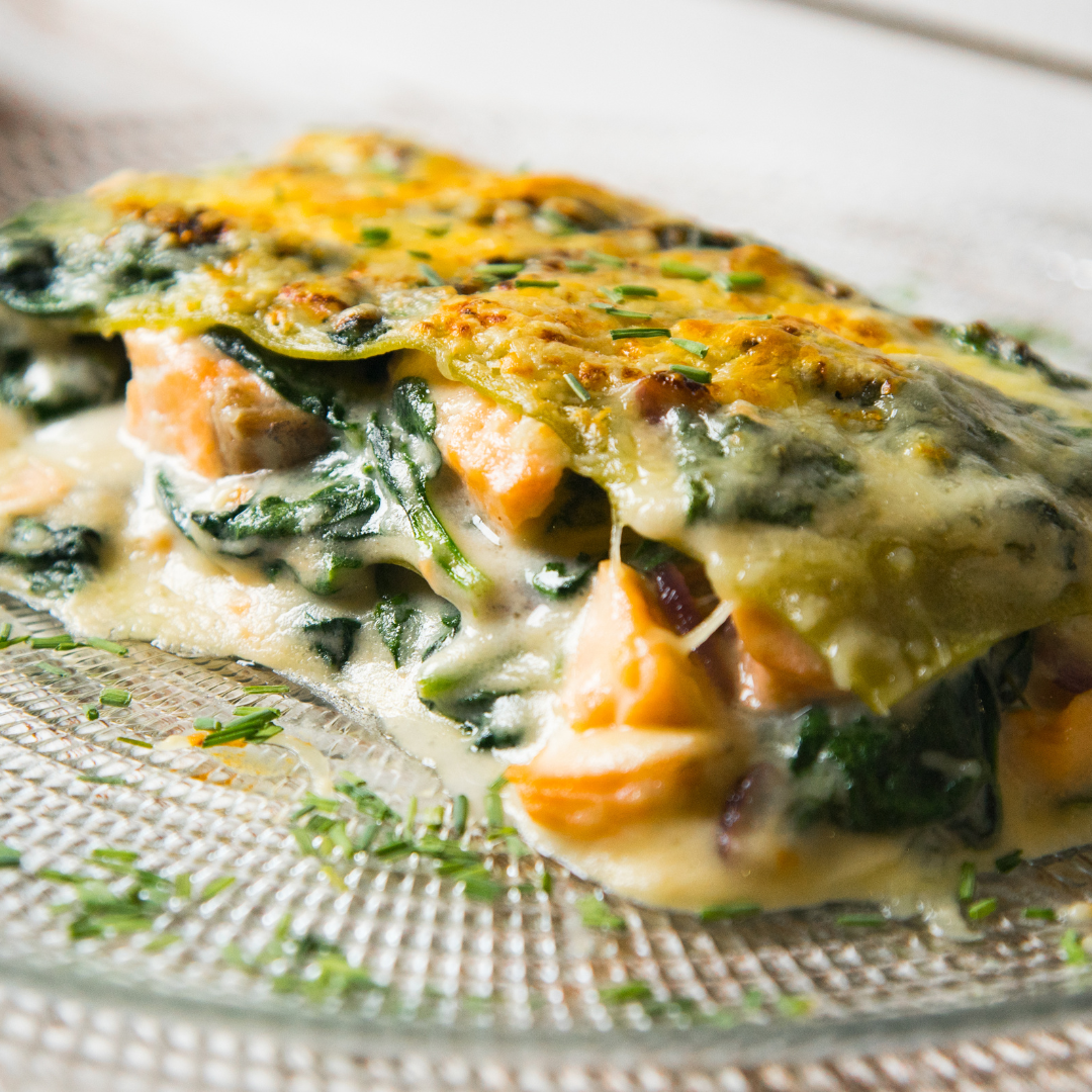 Lasagnes de saumon, épinards, citrouille et estragon