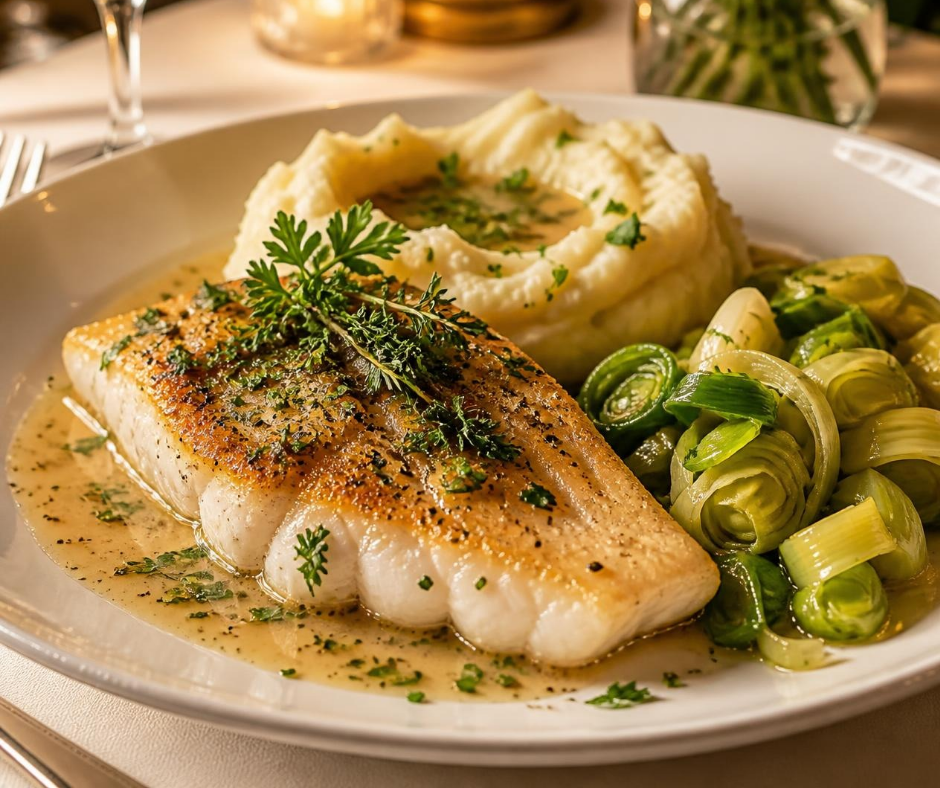 Filet de poisson, purée de haricots blancs, poireaux et pesto à l'ail des ours