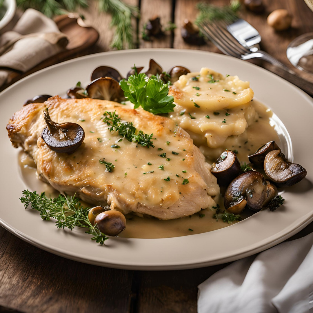 Poulet crème de champignons, gratin dauphinois (ou pâtes) et légumes verts