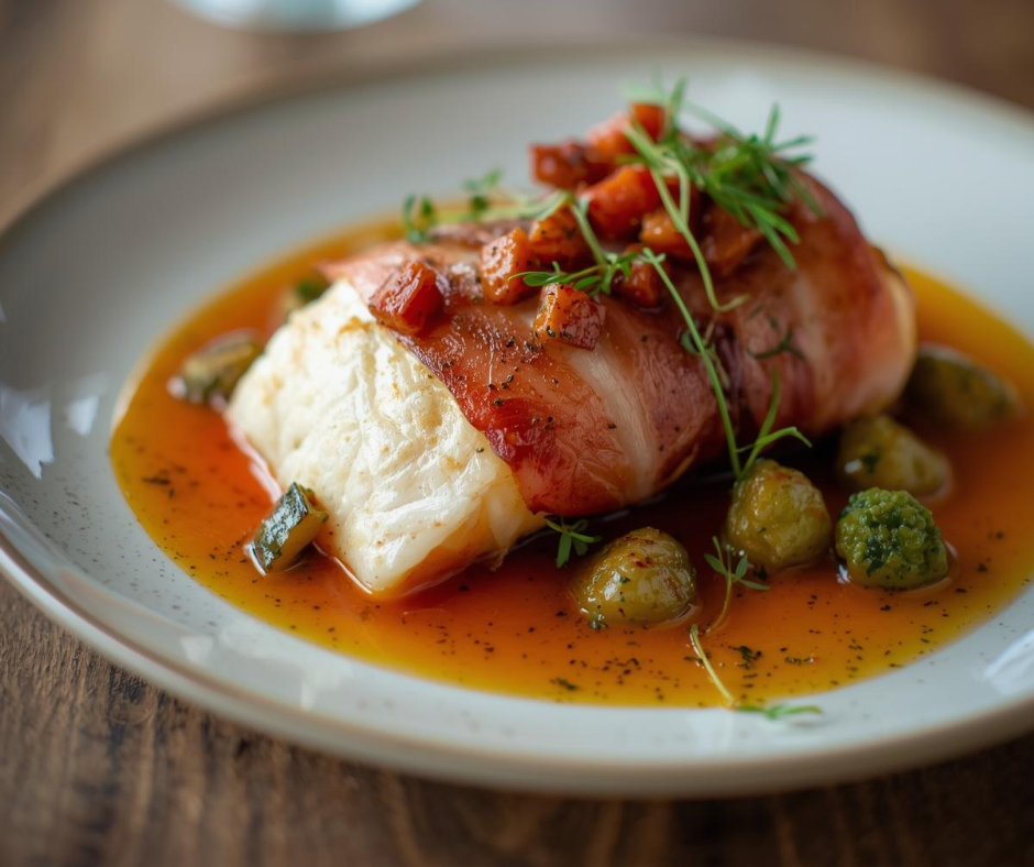 Rôti de lotte au chorizo, légumes rôtis