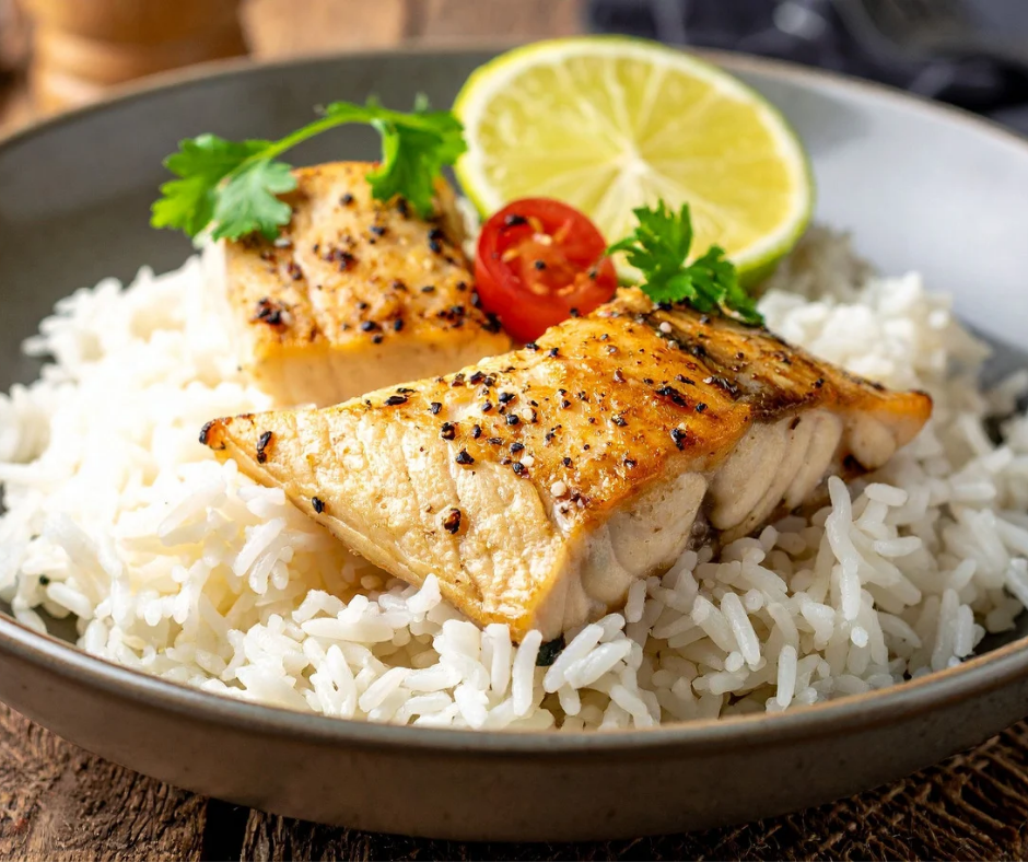 Truite et riz safrané, sauge, citron et légumes